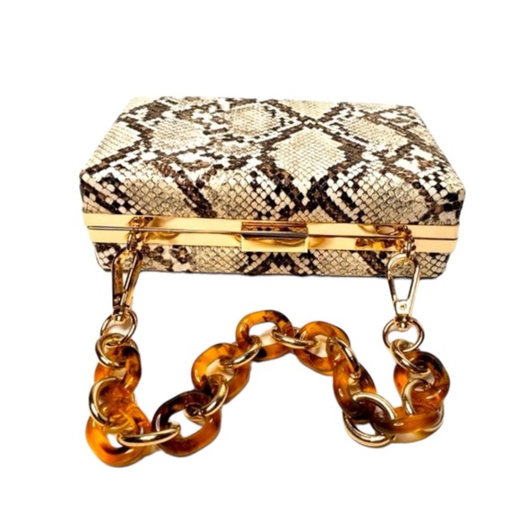 Snakeskin Print Pattern Gold Chain Mini Hardbody Cream Brown Clutch Purse Bag - Picture 4 of 6